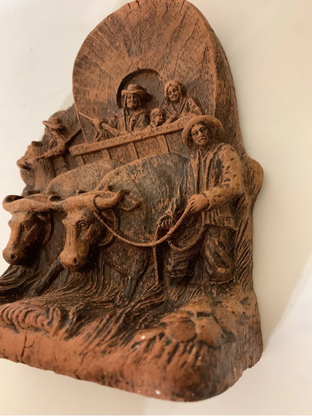 Hand Carved Western Cowboys Guns Covered Wagon‎ Cattle - Bookend